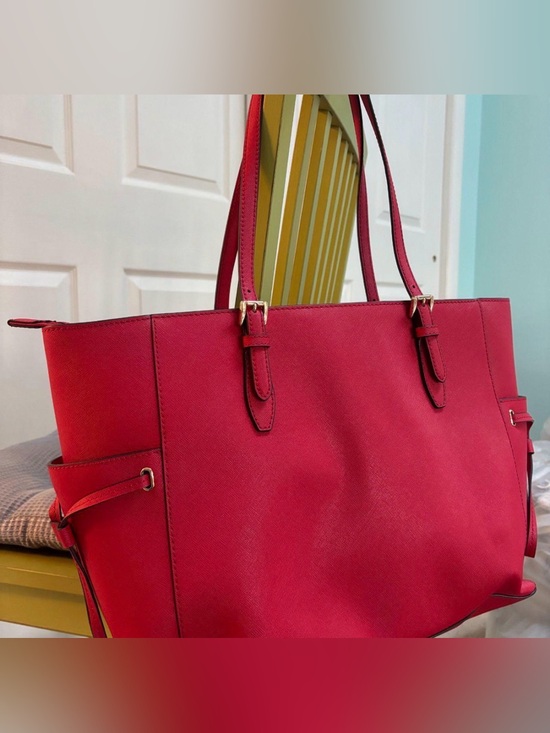 Michael Kors Vibrant Red Saffiano Tote with Gold MK Charm